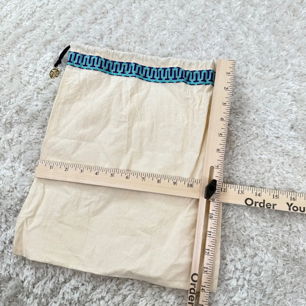 Tory Burch Dust Bag Drawstring Logo Charm Travel Storage Beige Blue 14x12 - Picture 3 of 6